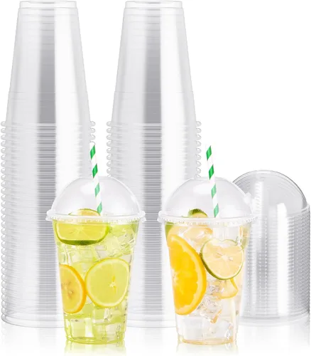 Paquete de 100 vasos de plástico transparente de 16 onzas con tapas de cúpula, vasos de postre desechables, taza de parfait para helado, bebidas de