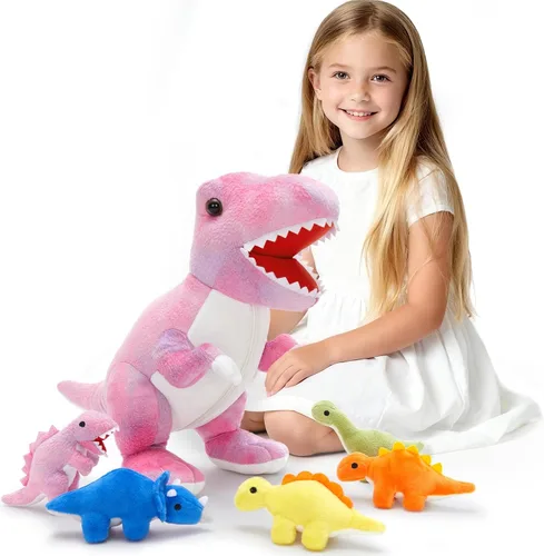 Miniatura 21 de Muiteiur Triceratops - Animal de peluche gigante de dinosaurio para mamá con 3 bebés pequeños, juguete de dinosaurio de felpa suave verde, regalo