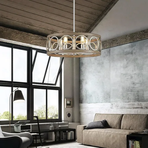 Miniatura 8 de XINGQI Candelabro de tambor de 21.7 pulgadas, lámpara de comedor de granja, iluminación de cocina de níquel cepillado de grano de madera, 5 luces