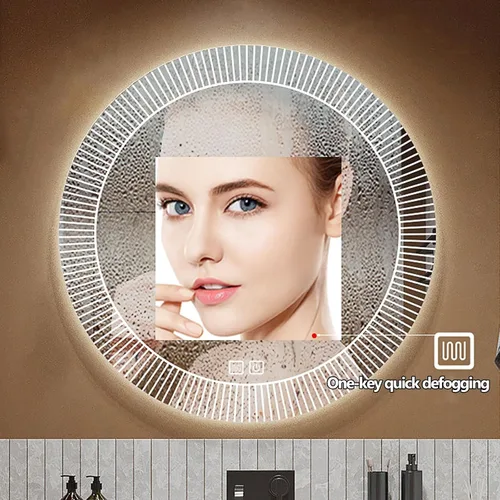 Miniatura 4 de DELURA Espejo de baño con luces LED circular, retroiluminado, iluminado en la pared, espejo iluminado antiempañamiento, 3 colores cambiantes, IP44