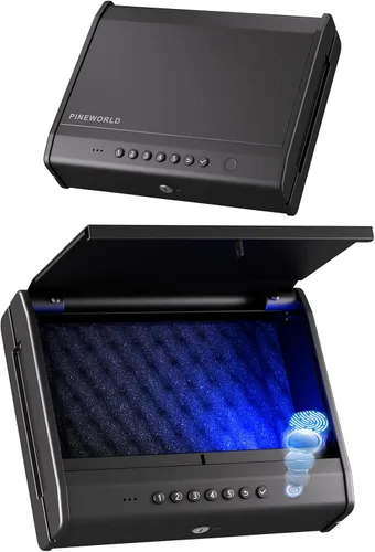 Miniatura 9 de PINEWORLD Caja fuerte biométrica para pistola, caja fuerte para pistola con huella dactilar/teclado retroiluminado/llaves, caja fuerte de acceso