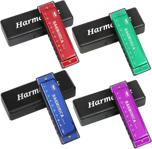 UPINS 4 piezas de armónica de 10 agujeros y 10 tonos en clave de Do, color titanio, con estuche para principiantes y estudiantes (Rojo, Azul, Verde,