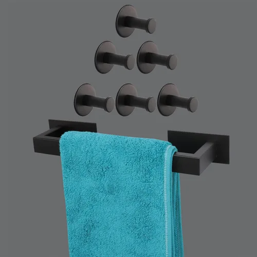 Toallero cuadrado autoadhesivo de 12 pulgadas + 6 ganchos para toallas, resistente sin taladrar y gancho para bata, accesorios de baño de acero