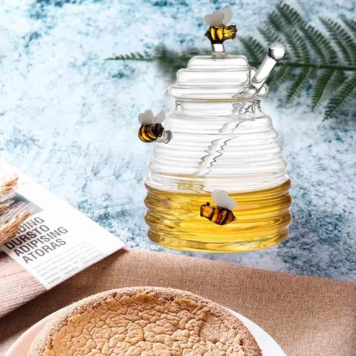 Miniatura 5 de PHEZEN Tarros de miel con tapa y tapa con tapa y tarro grande de vidrio con estatua de abeja, recipientes de miel, dispensador de miel de vidrio