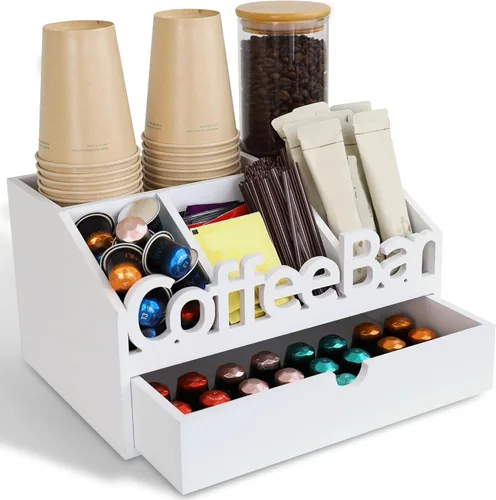 Miniatura 16 de Organizador de Barra de Café para Encimera – Caddy de Estación de Café de Madera con Compartimentos para Cápsulas, Condimentos, Té y Accesorios