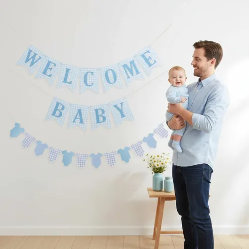 Miniatura 3 de Cartel de baby shower para bebé, 2 piezas preencordadas de tela de bienvenida a cuadros azules para bebé y cuerpo, para decoración de fiesta de baby