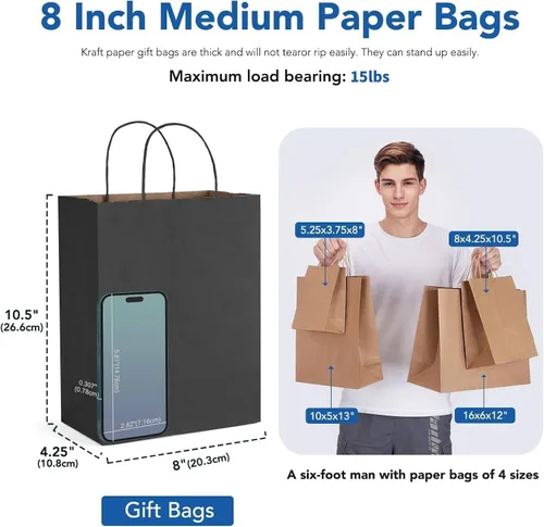 Miniatura 2 de GSSUSA Bolsas de papel negras de 8 x 4.25 x 10.5 pulgadas, 20 unidades, bolsa de papel de regalo con asas a granel, regalo de graduación, papel