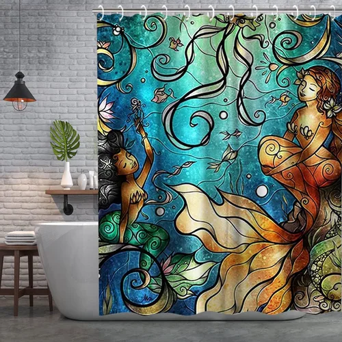 Miniatura 2 de LIVILAN Cortina de ducha de sirena, juego de cortinas de baño de tela de medusa con ganchos, animales marinos del océano, decoración de baño