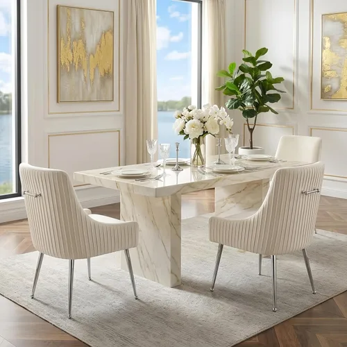 Miniatura 2 de Sillas de comedor de estilo moderno de terciopelo tapizado, silla de acento de tocador con barra vertical, silla capitonada con patas plateadas
