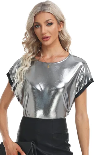 Miniatura 2 de MISS MOLY Camisetas brillantes de manga corta con cuello redondo holográfico metálico brillante para mujer