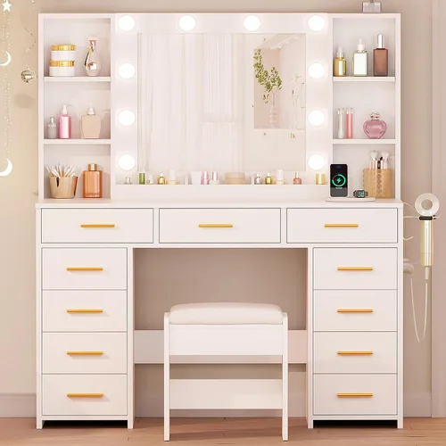 Miniatura 4 de Mesa de tocador de maquillaje ANWBROAD con espejo y luces, mesa de tocador blanca con toma de corriente, 11 cajones, 9 estantes, 3 modos