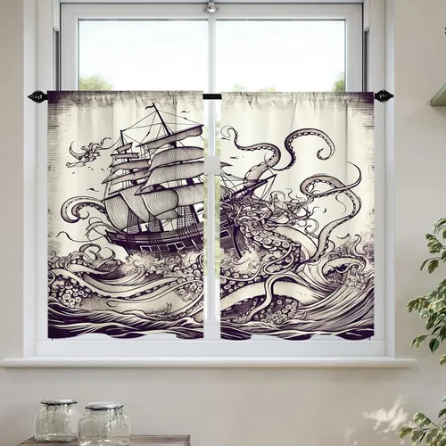 Miniatura 12 de Cortinas cortas de cocina con diseño náutico de tortugas marinas azules y playas, media cortina de baño para dormitorio, juego de 2 paneles de 27.5