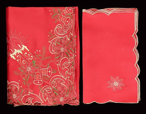 Miniatura 2 de Creative Linens Mantel de campana de Pascua bordada de Navidad de 68 pulgadas, cuadrado con 8 servilletas, color rojo dorado