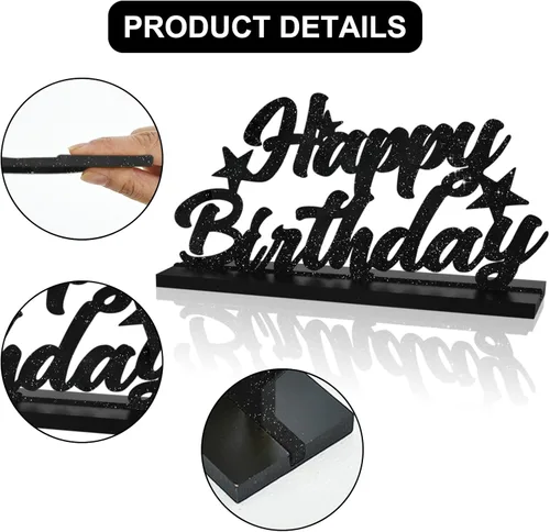 Miniatura 3 de Letrero de Feliz Cumpleaños con Letras Negras con Purpurina Centros de Mesa para Mesa Suministros de Fiesta de Cumpleaños Decoración de Favor