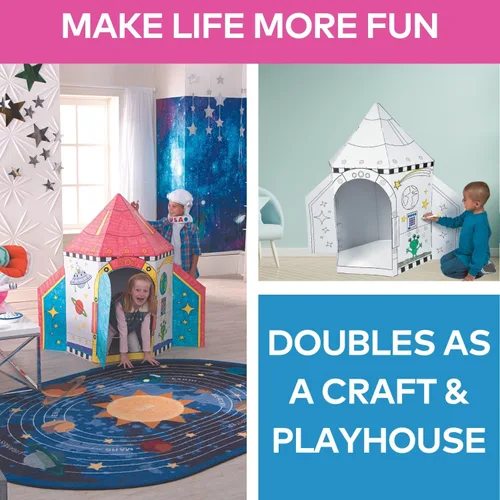 Miniatura 5 de Fun Express Juguete de barco cohete de cartón para niños, color de 5 pies, tu propia nave espacial para jugar en interiores Casa de cartón blanco