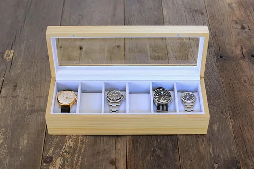 Miniatura 3 de Case Elegance caja organizadora de relojes de madera sólida con visualización superior de vidrio Madera clara