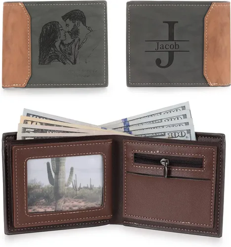 Miniatura 3 de Carteras personalizadas para hombres, cartera personalizada para hombre con imagen grabada y nombre, billetera delgada de cuero plegable, regalos