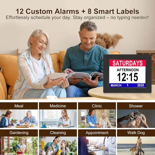 Miniatura 6 de KASTISS Reloj despertador con calendario digital de 8 pulgadas, reloj digital grande fácil de leer, personas con problemas de visión, 12 alarmas