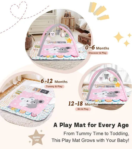 Miniatura 5 de Alfombrilla de juego para bebé, gimnasio de actividades, 6 zonas de desarrollo, 6 juguetes sensoriales desmontables y tarjetas educativas, juego