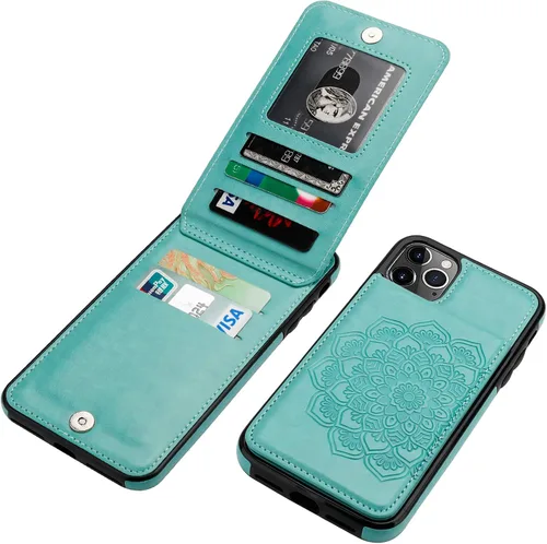 Vaburs Funda para iPhone 11 Pro Max con tarjetero y cartera, diseño de mandala en relieve, piel sintética, 5 ranuras para tarjetas, soporte a prueba