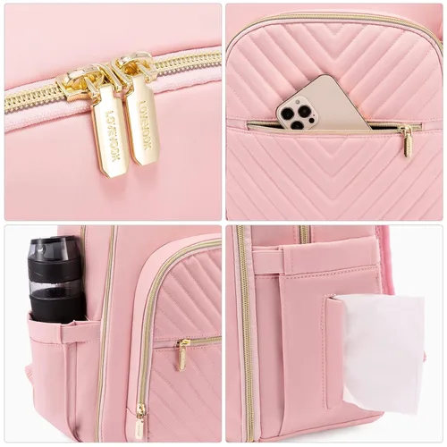 Miniatura 7 de LOVEVOOK Mochila para pañales, bolsa de bebé acolchada con cambiador y soporte para chupete, bolsas de pañales de viaje impermeables para bebés Rosa