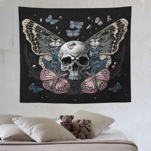 Miniatura 8 de Naykow Tapiz de calavera y mariposa, tapiz rosa trippy negro, tapiz de bruja gótica para dormitorio, decoración de habitación hippie de mariposa