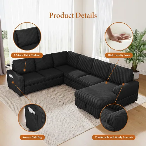 Miniatura 3 de Vesgantti Sofá Seccional Modular de 113.6" con Sofá Cama Extraíble, Sofá Cama en Forma de U de 7 Plazas con Chaise de Almacenamiento, Sofá Seccional
