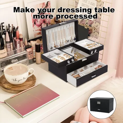 Miniatura 5 de Dajasan Cajas de joyería para mujeres y niñas, caja organizadora de joyas, 3 capas, organizador de almacenamiento de joyas para aretes, anillos