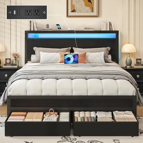 Miniatura 12 de Fluest Base de cama individual, base de cama individual con cabecera de almacenamiento y cajón de almacenamiento, estación de carga y luz LED,