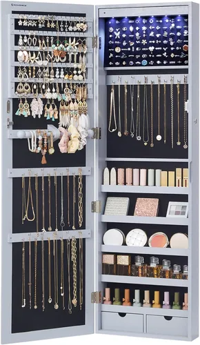 Miniatura 18 de Songmics - UJJC93W - Armario para joyas que se puede cerrar con llave, de montaje en pared o puerta, con espejo de 6 luces LED, para organización