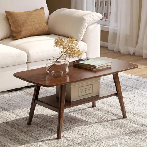 Miniatura 10 de Mesa de centro 100% de madera de roble macizo para sala de estar, mesas de centro pequeñas de 2 niveles con almacenamiento en estantes, mesa moderna