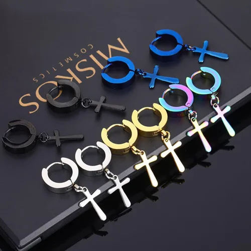 Miniatura 7 de Halawly Juego de aretes de aro de acero inoxidable para mujeres y niñas, 3 pares6 pares10 pares pequeños, enormes plateados, dorados, negros, cruz