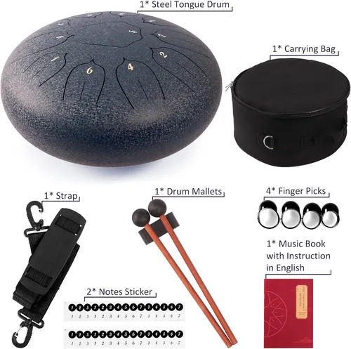 Miniatura 6 de Tambor de lengua de acero de 12 pulgadas, 11 notas para adultos, instrumento etéreo de metal para meditación y yoga con libro de música, mazos