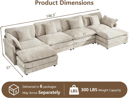 Miniatura 2 de Sofá modular de gran tamaño, sofá grande en forma de U con asiento profundo, sofás de nube de felpilla para sala de estar, sofá modular convertible