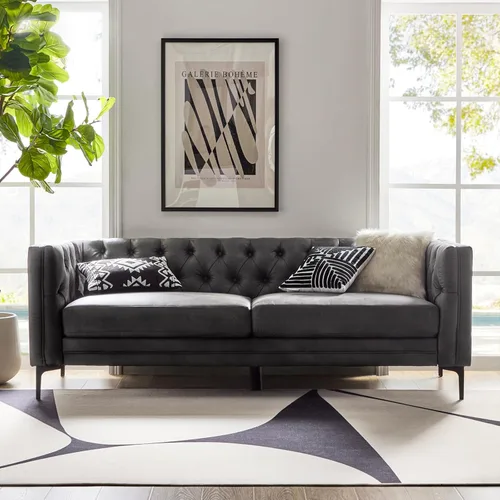 HULALA HOME Sofá de Piel Sintética de 84" de Ancho con Patas Metálicas, Sofá de 3 Plazas con Botones Capitoné, Sofá Tapizado Contemporáneo Moderno