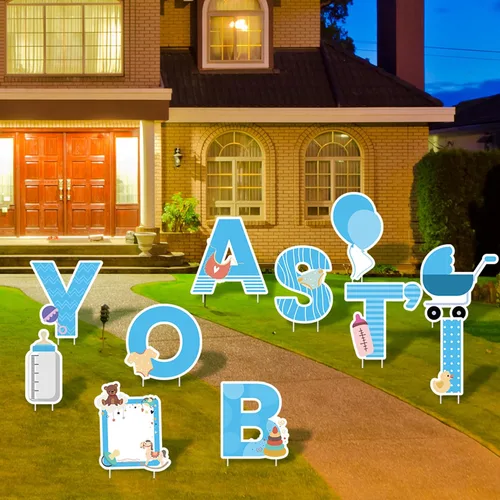 Miniatura 5 de Elcoho 11 carteles azules con estacas con texto en inglés "IT'S A Boy", incluye letras, globo, biberón, letrero para chupete de bebé para decoración