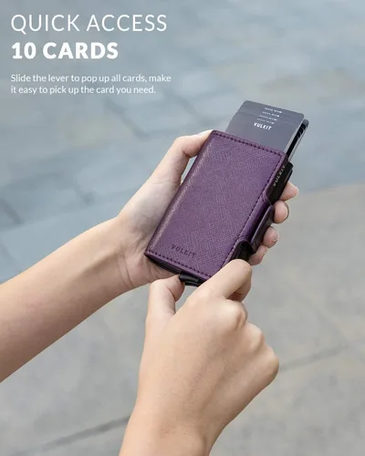 Miniatura 2 de VULKIT Tarjetero de crédito con bloqueo RFID de cuero automático billetera desplegable delgada con clip para dinero funda doble para tarjetas