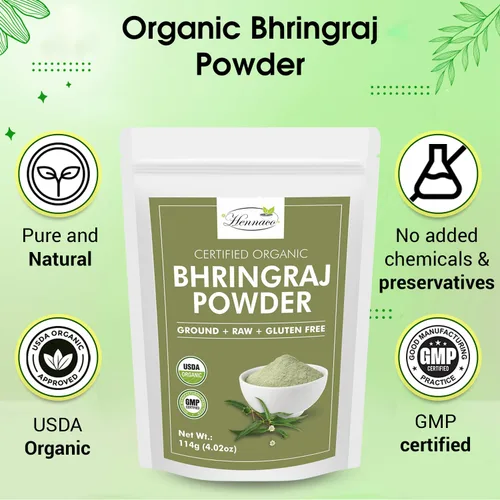 Miniatura 2 de Polvo orgánico de Bhringraj - Polvo de máscara capilar Bhringraj, bolsa resellable con cierre de cremallera, orgánico USDA, polvo bhringraj