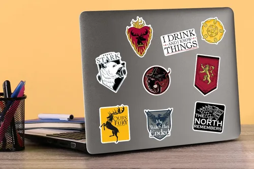 Miniatura 5 de Juego de Tronos y Casa del Dragón 100 calcomanías de vinilo grandes de lujo, paquete variado – Calcomanías troqueladas GOT para laptop, botella