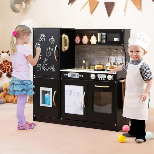 Miniatura 2 de HONEY JOY Juego de Cocina para Niños, Conjunto de Cocina de Juguete de Madera Pequeño Chef de Simulación con Pizarra, Teléfono, Utensilios, Horno