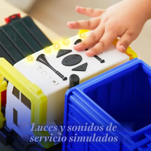 Miniatura 2 de JOYIN Juego de juguetes de camión de basura de fricción grande, incluye 1 contenedor, 3 cubos de basura y 30 tarjetas de aprendizaje para niños, Azul
