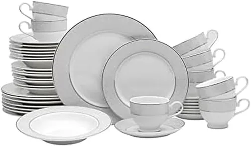 Mikasa Parchment - Juego de vajilla de 40 piezas, servicio para 8, platos de porcelana duraderos, cuencos y tazas con diseño contemporáneo, apto