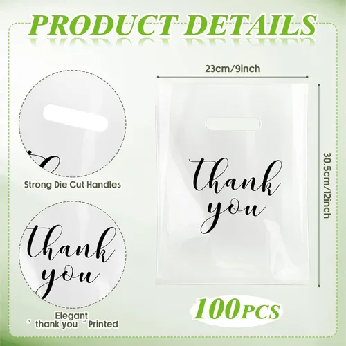 Miniatura 2 de Crtiin 100 piezas de bolsas de mercancía transparentes con texto "Thank You" y asas troqueladas para compras, bolsas de plástico para embalaje