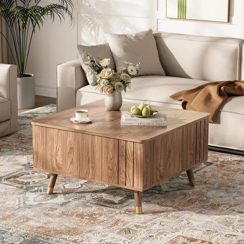 Miniatura 6 de JOINICE - Mesa auxiliar cuadrada con tapa elevable para sala estar u oficina en casa, con almacenamiento, compartimento oculto, estilo moderno Nogal