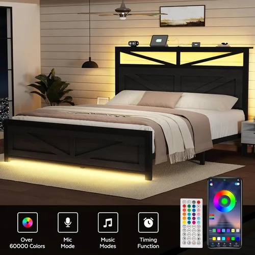 Miniatura 5 de Marco de cama rústico de tamaño completo con cabecera de puerta de granero y almacenamiento, marco de cama LED estilo granja de tamaño completo