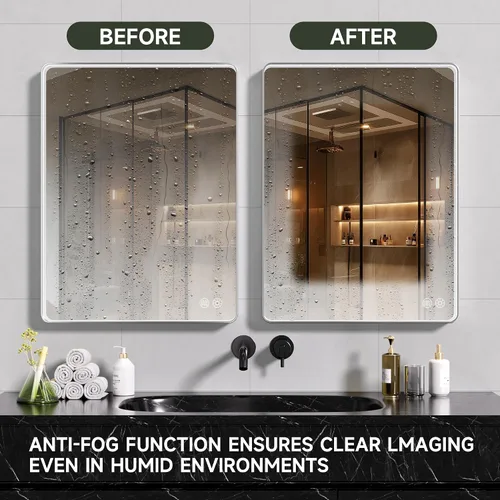Miniatura 4 de Espejo de baño LED de 16 x 24 pulgadas con luces, marco plateado rectangular redondeado con diseño de tira de luz incrustada, 3 colores y regulable