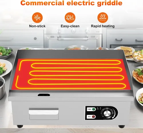 Miniatura 7 de Plancha eléctrica comercial de 18 pulgadas, plancha eléctrica de hierro fundido con material de acero inoxidable y antiadherente, plancha comercial