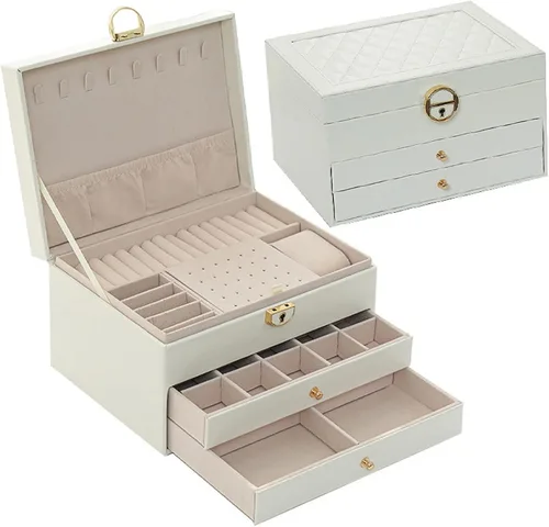Joyero para mujeres y niñas, organizador de joyas grande con cerradura de 3 niveles para collares, anillos, aretes, piel sintética (blanco)