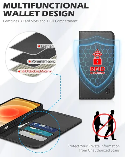 Miniatura 3 de SHIELDON Funda para iPhone 12/12 Pro 5G, Funda Tipo Billetera de Piel Auténtica con Bloqueo RFID Magnético, Soporte para Tarjetas de Crédito
