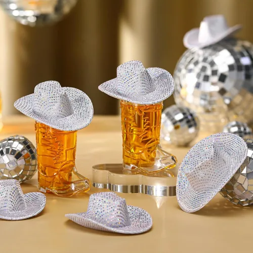 Miniatura 5 de Vesici 20 vasos de tiro de bota de vaquero de 1 onza plateados, mini sombrero de vaquera occidental, decoración de fiesta de despedida de soltera